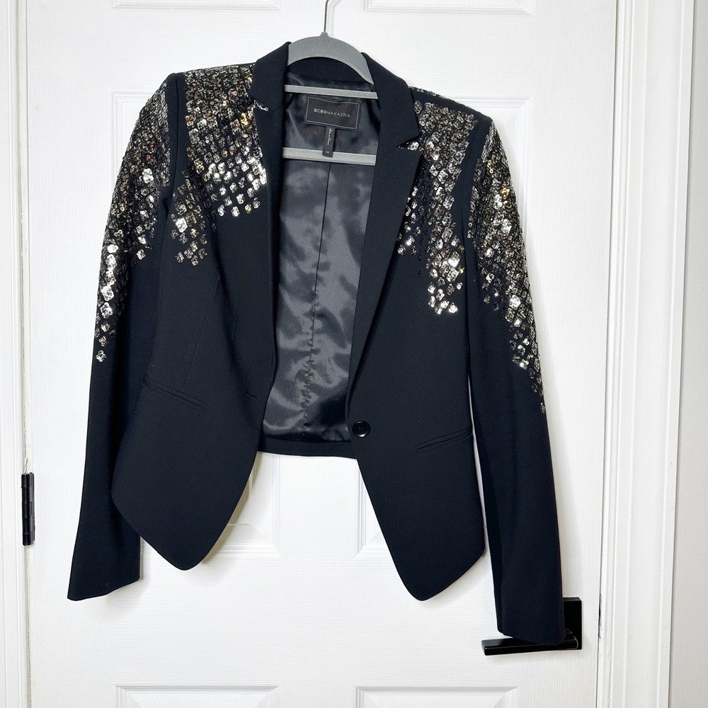 BCBGMAXAZRIA Sequin Blazer‎ Women XS Black Excellent Cropped Shoulder Detail